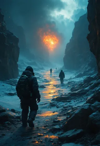 Hikers trekking through a foggy, rocky canyon illuminated by a glowing, fiery orange light in the distance, creating a surreal and dramatic atmosphere.