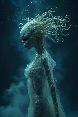 A biomechanical figure with intricate tentacle-like metallic extensions on its head, a translucent gelatinous body, set against a deep blue starry space background, evoking an otherworldly and mysterious mood.