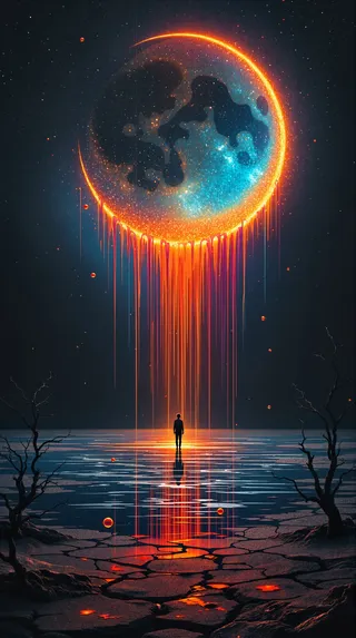 A hyperrealistic crescent moon glowing in vivid orange and blue shades drips vibrant paint-like trails onto a reflective surface where a lone silhouette stands, set against a dark starry sky and a cracked desolate landscape.