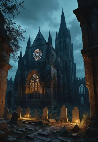 Dark medieval Gothic cathedral at night with illuminated stained glass windows and ancient tombstones in a desolate graveyard.