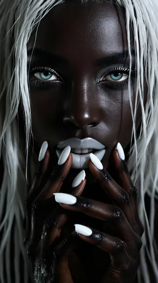 Close-up portrait of a dark-skinned woman with white hair, white lipstick, white fingernails, grey eyes, and wet skin against a black background.