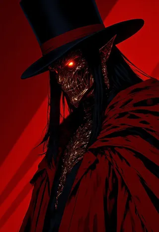 A sinister figure with glowing orange eyes wears a black top hat with a red band and a flowing red coat, set against a solid red background.