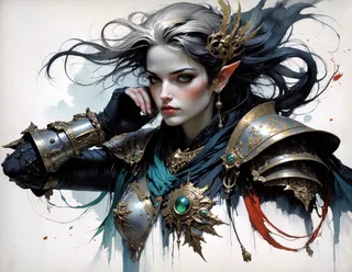 Close-up portrait of a female elven warrior with silver and black flowing hair, wearing intricately detailed silver armor adorned with gold accents and emerald gems, staring thoughtfully with piercing green eyes.
