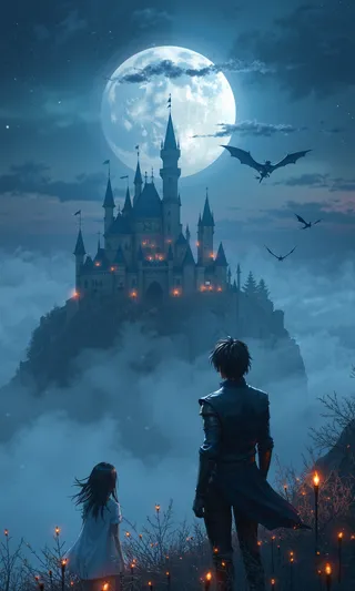 A mystical moonlit landscape featuring a majestic castle shrouded in fog, a flying dragon silhouetted against the full moon, a brooding knight, and a young woman in white robes standing on a misty cliff.