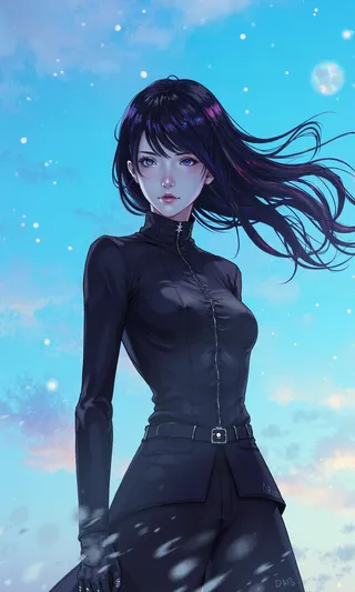 A slender Japanese woman with porcelain skin and raven-black hair wearing a sleek avant-garde black outfit stands confidently against a wintry, holographic sky with soft pastel hues, evoking a dreamy winter morning.