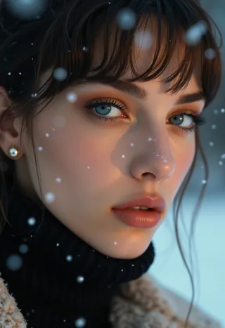 Close-up winter portrait of a pale-skinned woman with blue eyes, black eyeliner, wearing pearl earrings and a cozy black turtleneck, snowflakes falling softly.