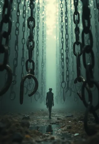 Dark and dimly lit scene with thick chains hanging from the sky and a thin elongated mysterious figure walking through a shadowy, surreal maze.