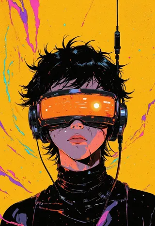Young person in sleek black turtleneck wearing glossy black over-ear headphones and a glowing orange virtual reality visor against a vibrant yellow background with neon geometric patterns.