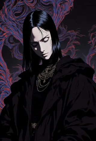 Digital illustration of an androgynous figure with sleek dark hair, wearing a voluminous black coat and layered silver chains, set against a swirling psychedelic background.