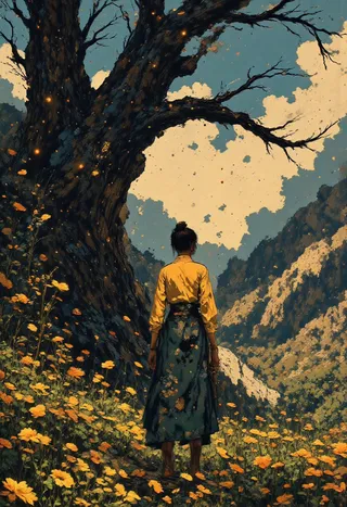 A woman in a yellow blouse and floral skirt stands in a sunlit garden filled with yellow flowers, facing a large tree and distant mountain valley under a partly cloudy sky.