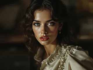 Cinematic close-up portrait of a young actress with glowing skin, intense green eyes, red lips, wearing a vintage cream blouse adorned with pearls, under soft warm lighting.