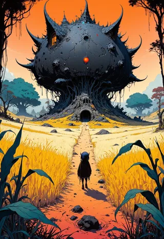 A surreal fantasy landscape showing a dark, spiked fortress resembling a large organic structure with a glowing red eye, surrounded by golden cereal fields and silhouetted figure walking toward its entrance under a warm orange twilight sky.