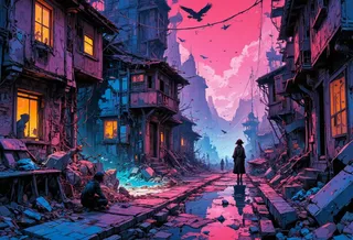 Surreal vibrant medieval city streets at dusk with shadowy human silhouettes, glowing windows, neon pink sky, and animated city decay details.