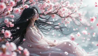 A serene woman with long, flowing black hair sits peacefully surrounded by delicate pink cherry blossoms in soft, diffused light.