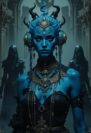 A blue-skinned character with intricate mythic jewelry and facial markings, wearing a horned headdress and surrounded by shadowy figures in a mysterious digital fantasy setting.