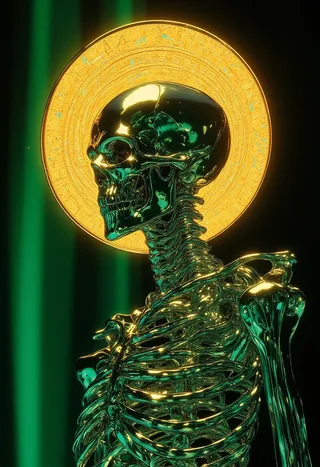 A digital artwork of a metallic skeleton in side profile with chrome-like emerald-green tinted bones and a radiant golden halo against a glowing emerald green background.