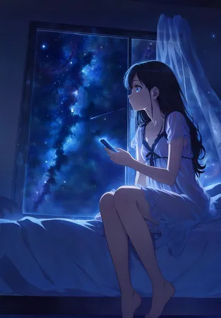 A girl in a white nightgown sitting barefoot on her bed holding a phone, gazing out a window at a stunning starry night sky with the Milky Way visible.