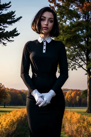 Portrait of Susie with short black hair and white gloves wearing a black dress with white collar, standing seriously in an autumn park at twilight.