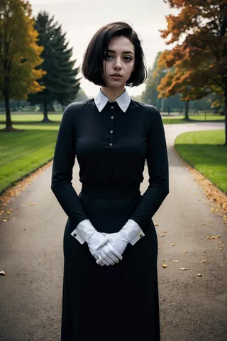 A young woman named Susie with short black hair, pale skin, and a serious expression, wearing a long black dress with white collar and white gloves, standing outside in an autumn park during twilight.
