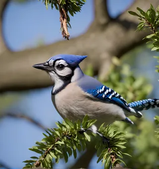 Close-up photo of a blue jay bird perched on a leafy tree stem with detailed feathers and a blurred natural background.