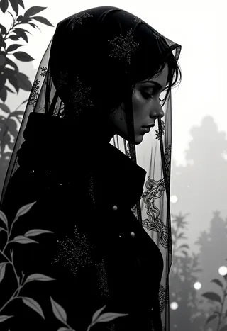 Profile of a woman wearing a black veil adorned with star patterns and intricate lace in a monochrome nature setting