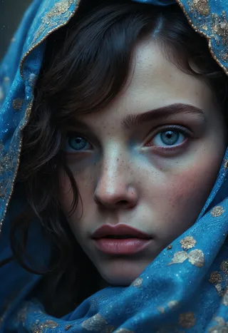 Hyperrealistic close-up portrait of an ethereal elf with piercing blue starlit eyes, dark curly hair, and a richly detailed blue cloak adorned with golden flowers, set in a moody cinematic style with film grain and bokeh effects.