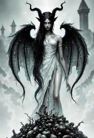 Photorealistic image of a pale young woman with long black hair, demonic horns, and bat-like wings wearing a white lace dress, standing on a pile of skulls with a creepy castle in the foggy background.
