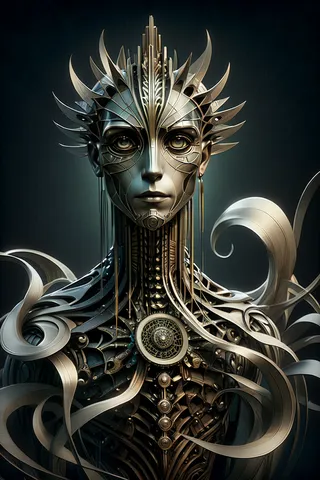 Intricate ornamental design of a playing card featuring a geometric humanoid figure with sacred geometry patterns, metallic textures, and sharp angles in hyperrealistic digital art style.