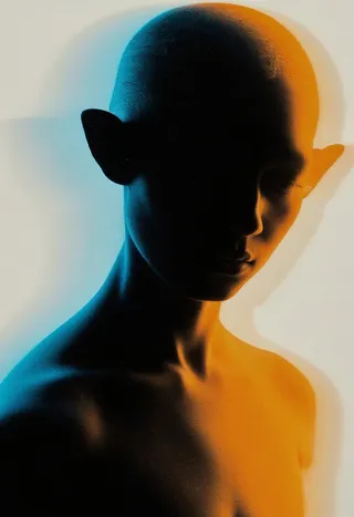 Diffuse silhouette portrait of Mac the Alien with spectral glow, featuring cyan and yellow light leak effects and motion blur.