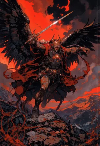 A powerful winged angel with dark wings and a sword, set against a dramatic red apocalyptic sky and rocky terrain.