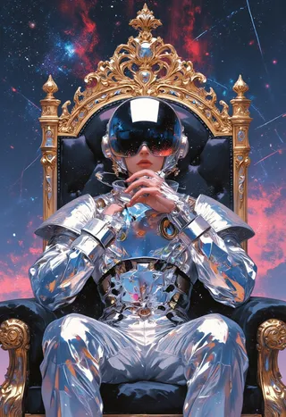 A futuristic astronaut in a reflective metallic chrome suit seated on an opulent golden throne with intricate detailing against a vibrant cosmic space background.