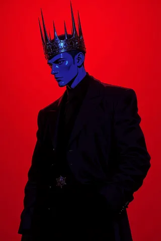 Digital portrait of a blue-skinned man wearing a black suit and a tall chrome crown against a vivid red background.