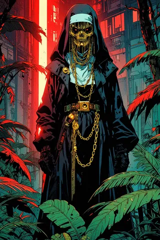 Mysterious cyberpunk cultist nun with a golden chained veil, wearing a futuristic black and white overcoat in a dense jungle illuminated by red neon light.