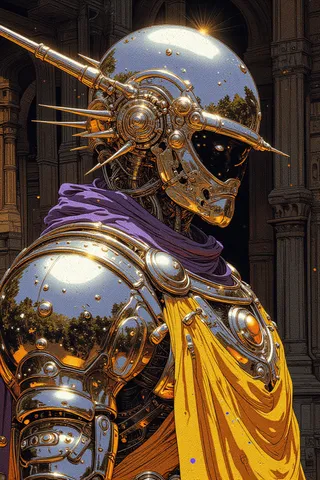 Hyper-realistic portrait of a colossal chrome knight with surreal armor, purple scarf, and yellow robe inside a dim castle interior.