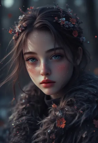 A detailed portrait of a young woman with blue eyes wearing a floral crown and a fur coat, illuminated with soft, cinematic lighting.