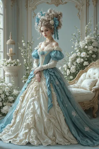 A young woman with fair skin in an elaborate blue and white Victorian-style gown poses gracefully in a luxurious room decorated with white flowers and ornate furniture.
