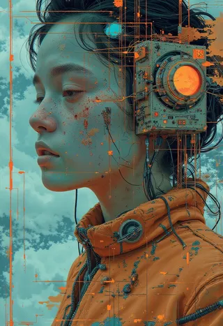 Hyper-detailed surreal cybernetic portrait of a female figure integrated with biomechanical elements and a technological charging station, set against a cloudy sci-fi backdrop.