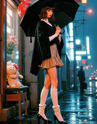 A woman with short brown hair stands on a wet urban street at night holding a large black umbrella. She wears a black wool poncho, beige ruffled skirt, white leg warmers, and black patent leather heels, with illuminated city signs in the background.