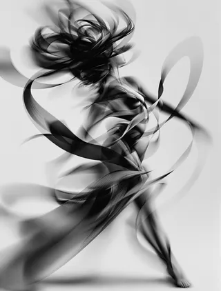 Monochrome dynamic figure with post-expressionist style, showing motion blur ribbons and abstract geometric shapes blending with sculptural human form.