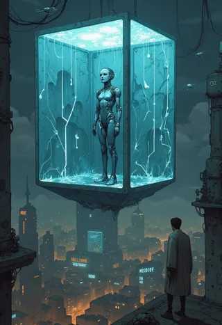 Androgynous cyborg suspended inside a glowing, futuristic Borg-like cube floating above a sprawling, neon-lit dystopian cityscape with drones flying around.