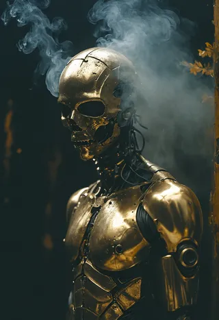 A golden metallic robot with a skull-like face surrounded by swirling smoke in a dark, atmospheric setting.