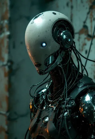 Highly detailed mechanical cyborg with a polished white helmet and intricate metal skeleton standing in a dim, deteriorated laboratory setting.