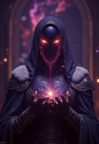 A faceless god with glowing orange eyes, clad in a dark, lightly armored robe with a white fur collar, holding a glowing celestial energy in their hands against a cosmic background.