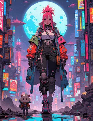 A cyberpunk-themed digital illustration of a young woman with a pink mohawk, wearing colorful futuristic clothing and cybernetic implants, walking confidently in a neon-lit city at night accompanied by a small kawaii pet, with spaceships flying against a large bright moon in the background.