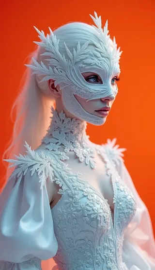 A hyper-realistic portrait of a woman wearing a translucent ice mask with crystal frost patterns, dressed in an intricately embroidered white winter gown against an orange-red background.