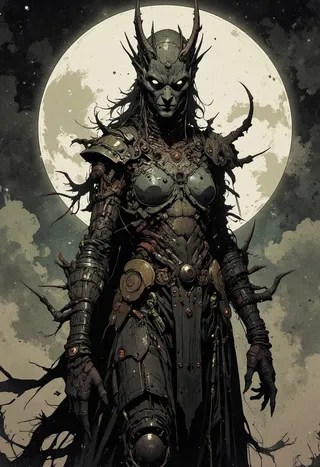 Grotesque dark fantasy queen with glowing eyes wearing spiked twisted armor standing before a large full moon with a moody and epic atmosphere.