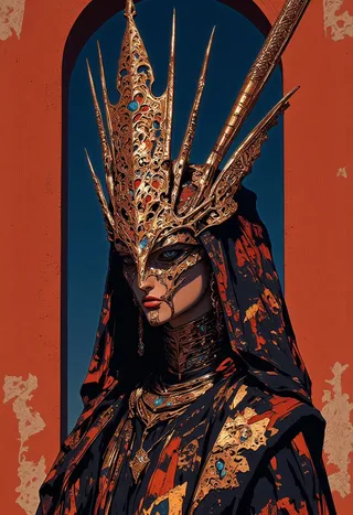 A regal figure wearing an ornate golden mask and crown adorned with blue gemstones, draped in a dark cloak with splashes of orange and gold detailing.