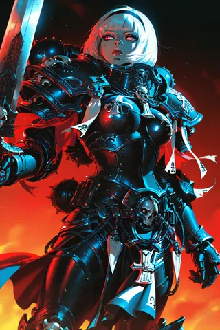 Close-up of a female warrior with white hair wearing black power armor adorned with skull emblems and pauldrons, holding a one-handed sword, highlighted by red and blue lighting.