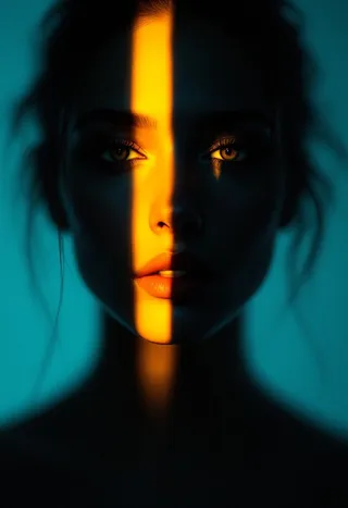 A minimalist portrait showing a face divided by a warm golden streak of light across the eyes and nose, with deep shadows and a soft blue background.