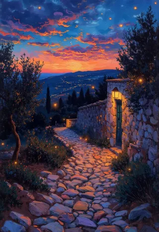An oil painting depicting a cobblestone path winding uphill towards a vibrant blood-orange and blue sunset, flanked by olive trees on one side and an old stone wall on the other, illuminated by glowing fireflies.